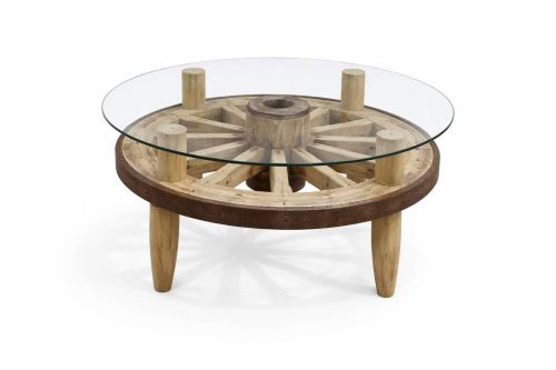 Mesa de Centro Redonda con Cristal y Estructura de Madera Estilo Rueda MB-227816
