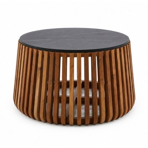 Mesa de Centro Estructura Redonda en Madera de Mango y Mármol Negro MB-228708