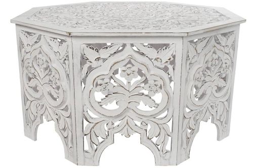 Mesa de Centro Estructura Octogonal Tallada en MDF Blanco Envejecido MB-207379