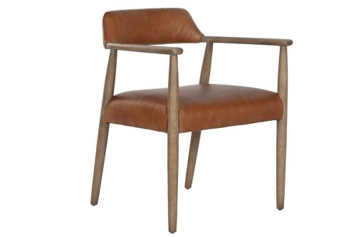 Silla con Brazos MB-221644 en Piel Marrón y Madera de Teca