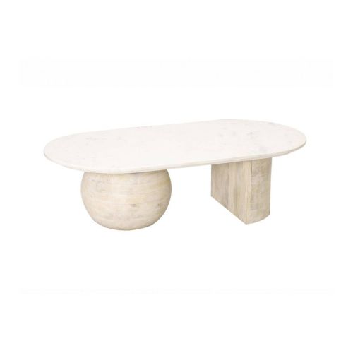 Mesa de Centro SEXTANS de Patas Asimétricas de Madera de Mango Blanco Natural y Superficie de Mármol Blanco 35-176
