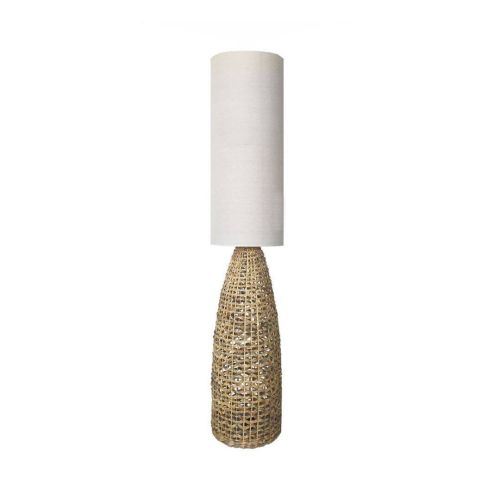 Lámpara de pie beige y natural MOLO con pantalla de tela y base de mimbre tejida