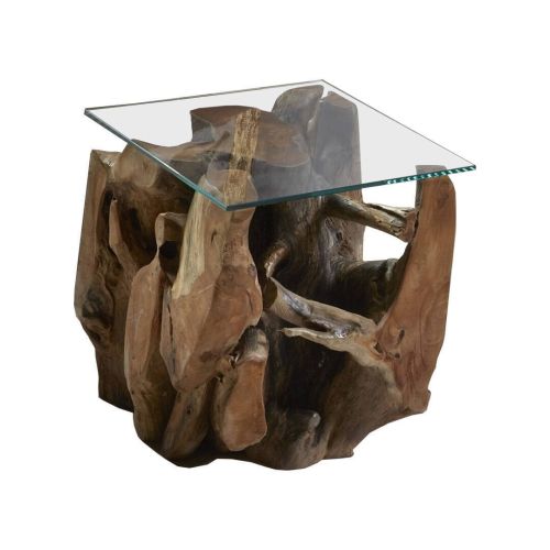 Mesa de Esquina Auxiliar de Forma de Raíz de Árbol de Madera y Cristal 32-124