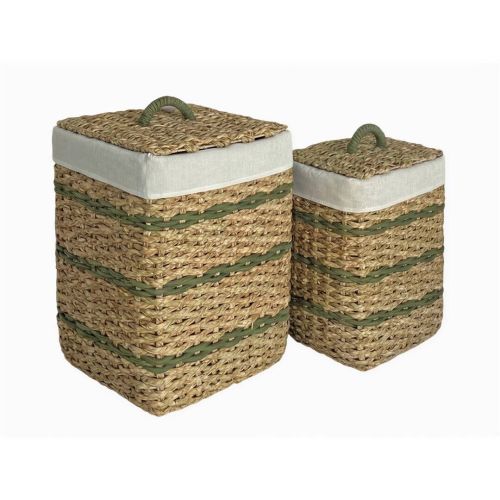Set 2 Cestos de Ropa Cuadrado de Fibra Natural con Líneas Verdes 02-104