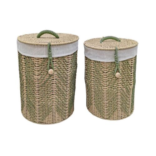 Set 2 Cestos de Ropa de Fibra Natural Verde con Tapa y Asas 58 cm 02-101