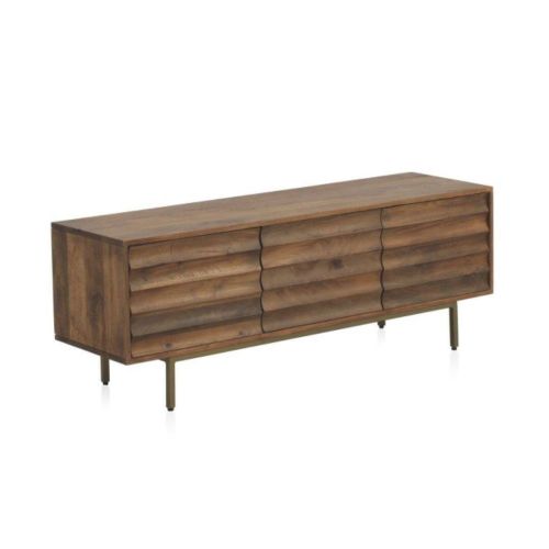 Mueble TV de madera maciza de mango acabado natural con 3 puertas y patas de metal doradas GABAR 10706