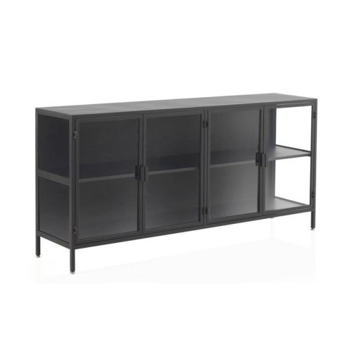 Aparador con puertas y laterales acristalados y base metalizada negro GABAR 10867