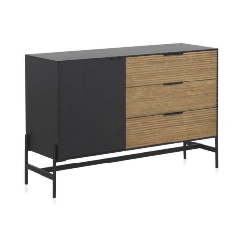 Aparador Chapado en Fresno de Una Puerta Negra y 3 Cajones Naturales de Madera de Fresno GABAR 10975