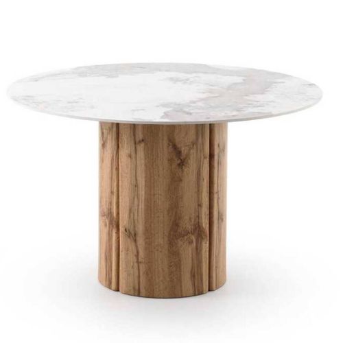 Mesa de Comedor Redonda con Base Roble y Sobre Cerámico Brillo 120 cm GABAR 11606