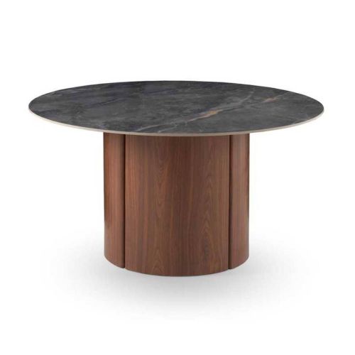 Mesa de Comedor Redonda con Base Nogal y Sobre Cerámico Brillo 140 cm GABAR 11609