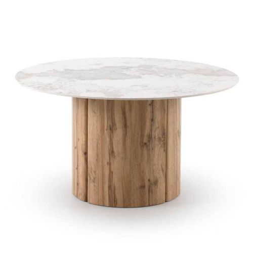 Mesa de Comedor Redonda con Base Roble y Sobre Cerámico Brillo 140 cm GABAR 11608