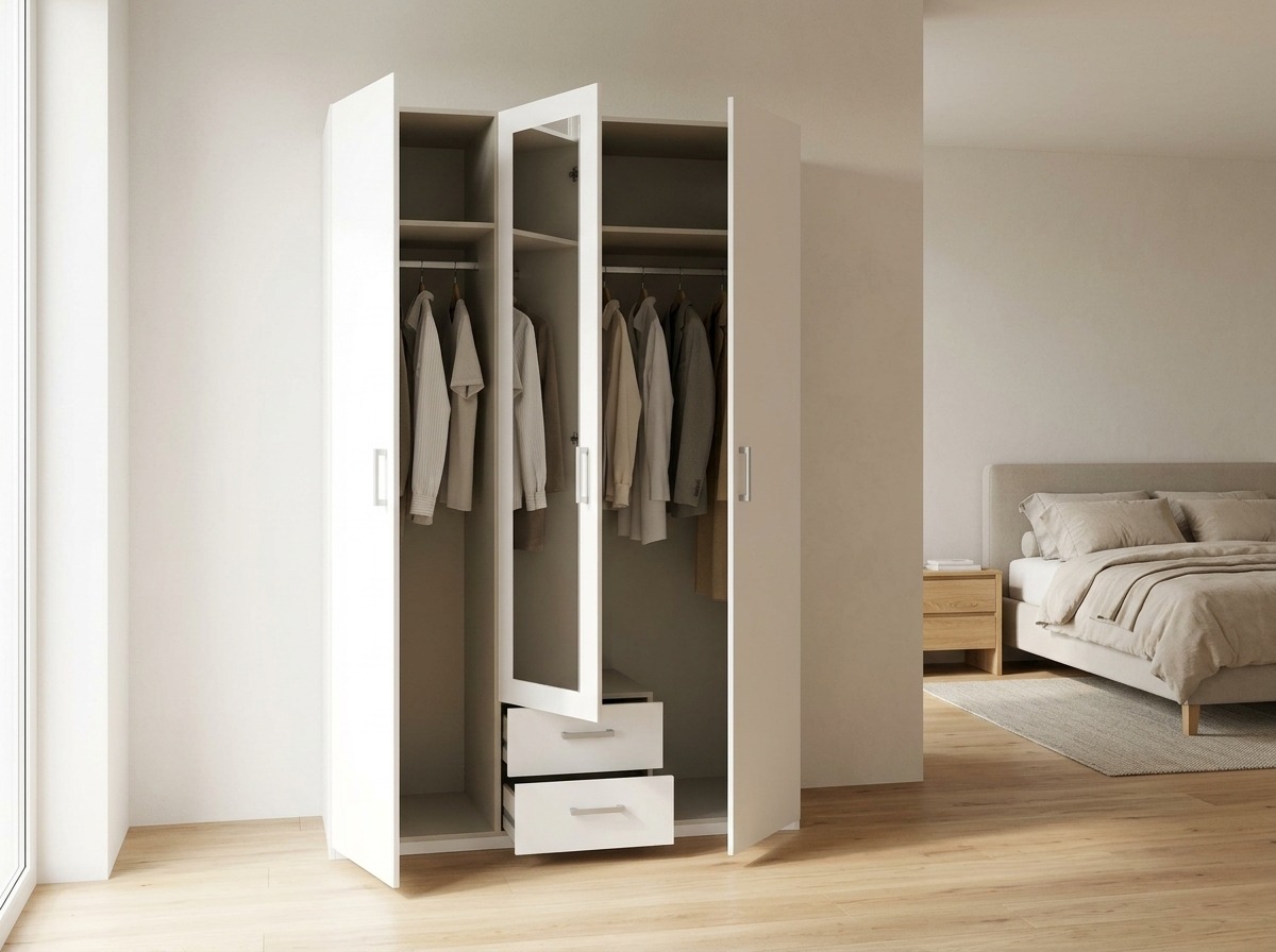 Tipos de iluminación para cada zona del dormitorio Dormitorio con cabecero verde, lámparas de mesita y armario abierto con iluminación LED interior cálida.