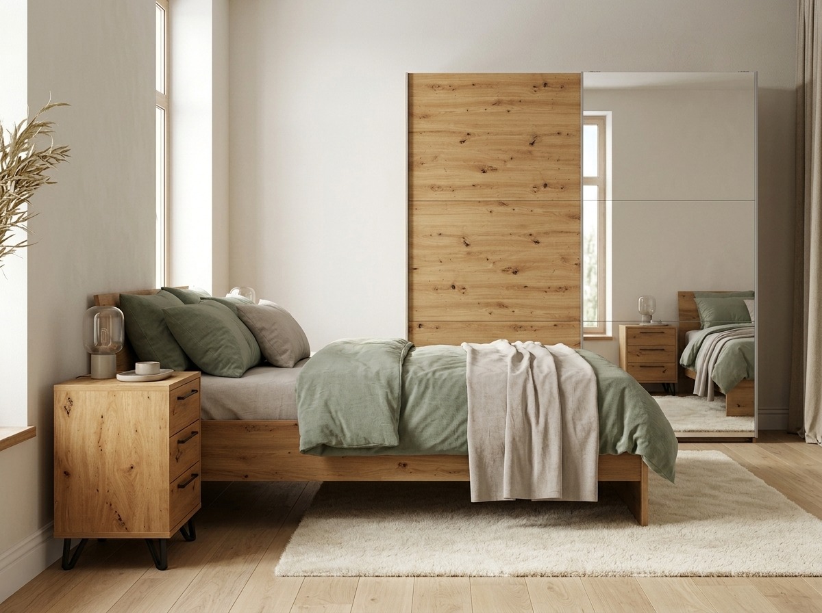 Tipos de iluminación para cada zona del dormitorio Dormitorio con cabecero verde, lámparas de mesita y armario abierto con iluminación LED interior cálida.