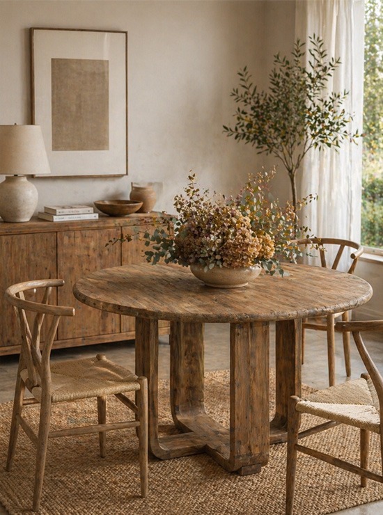 Mesa de comedor rústica redonda con decoración floral natural Mesa de comedor redonda de madera maciza con centro floral seco en ambiente rústico natural