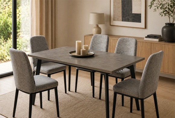 Mesa de comedor moderna gris con sillas tapizadas Mesa de comedor rectangular gris con patas negras y sillas tapizadas en gris claro