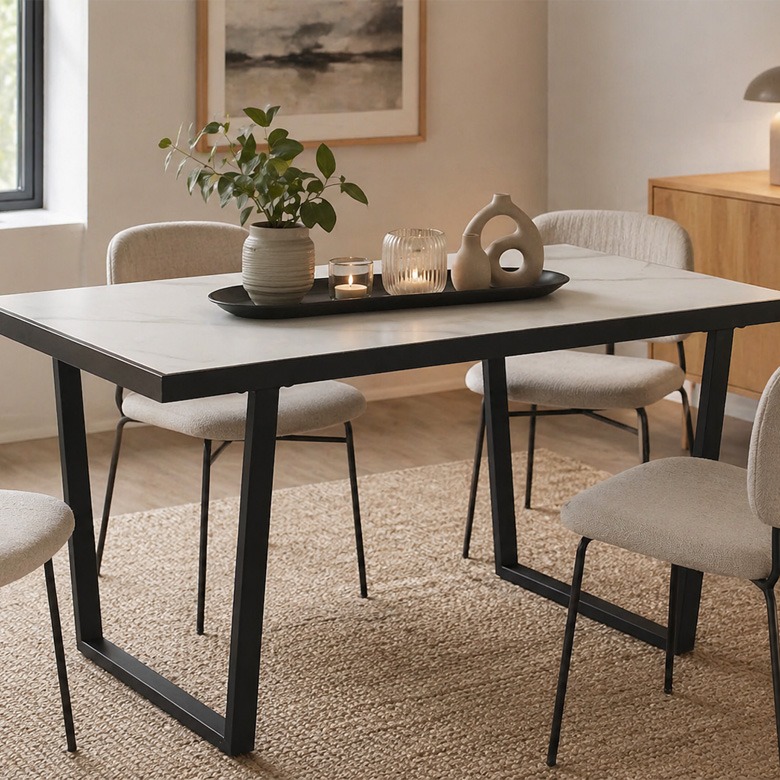 Centro de mesa minimalista en mesa moderna negra Mesa de comedor negra con centro de mesa minimalista con jarrón, vela y bandeja decorativa