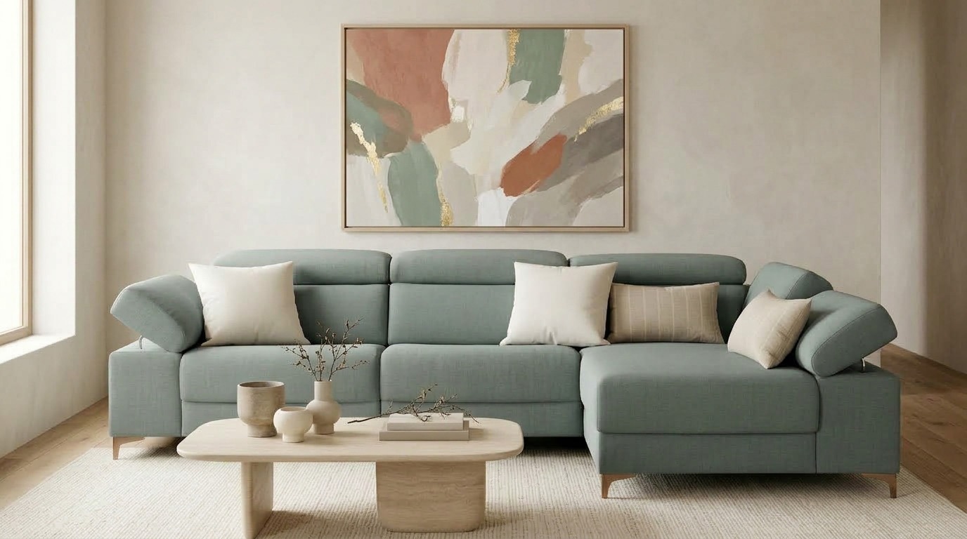 Cómo distribuir los cojines en un sofá chaise longue Sofá chaise longue verde grisáceo con cojines blancos y beige distribuidos entre el asiento y la chaise longue