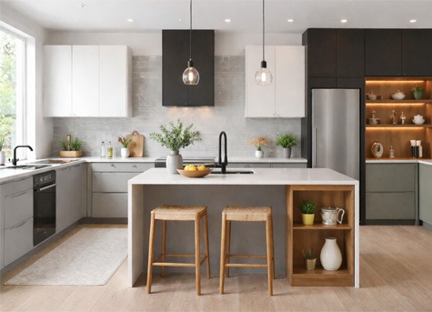Cocina moderna con isla y muebles en gris y blanco con iluminación decorativa Cocina moderna con isla central blanca, taburetes de madera, muebles en gris y blanco y estantería iluminada