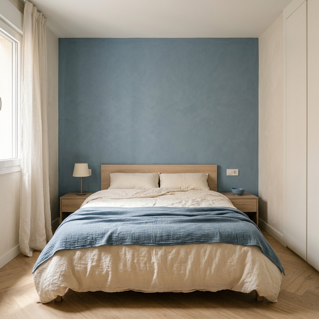 Colores y acabados para un dormitorio pequeño Dormitorio con pared azul, cabecero y mesillas en acabado madera clara, ropa de cama blanca y manta azul.