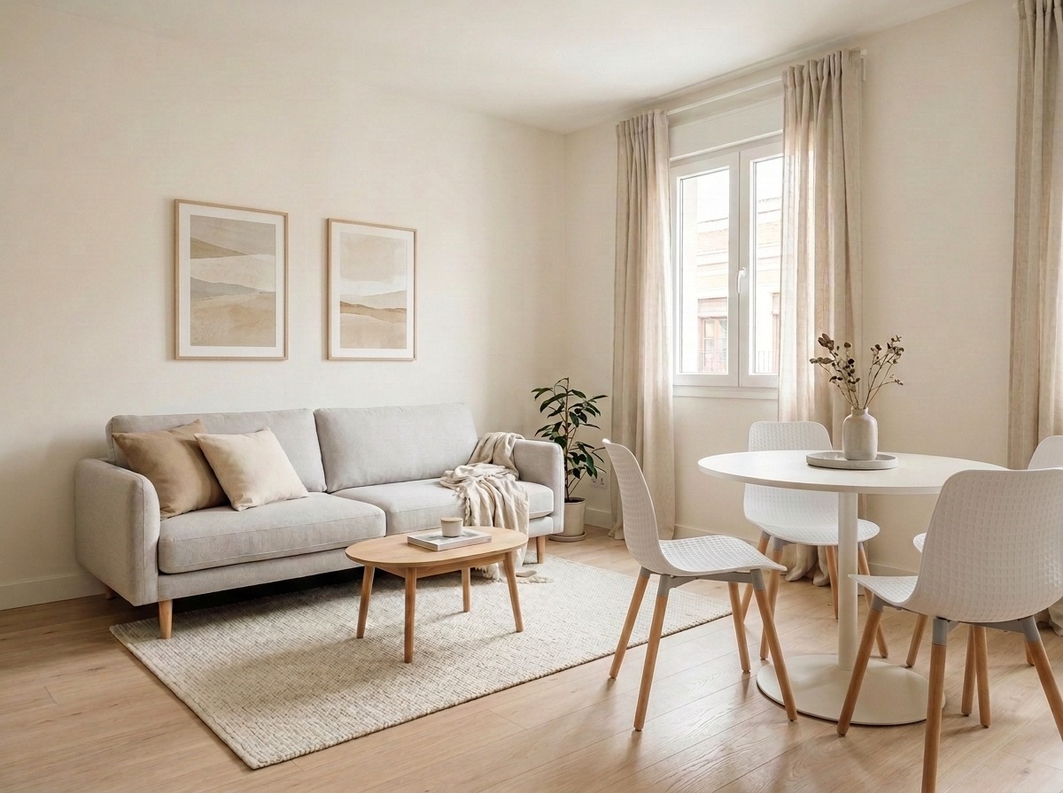 Cómo decorar un salón rectangular Salón rectangular decorado con sofá beige, mesa de centro de madera, aparador y grandes ventanales que aportan amplitud y luz natural.