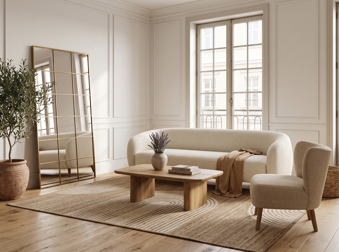 Salón con sofá curvo y decoración contemporánea Salón elegante con sofá curvo, mesa de centro de madera, espejo de cuerpo entero y decoración en tonos neutros.