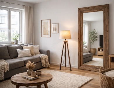Espejo de pie con marco de madera rústica en salón moderno. Espejo de cuerpo entero con marco de madera reciclada en un salón moderno con toques rústicos, junto a sofá beige, planta decorativa y muebles de madera natural.