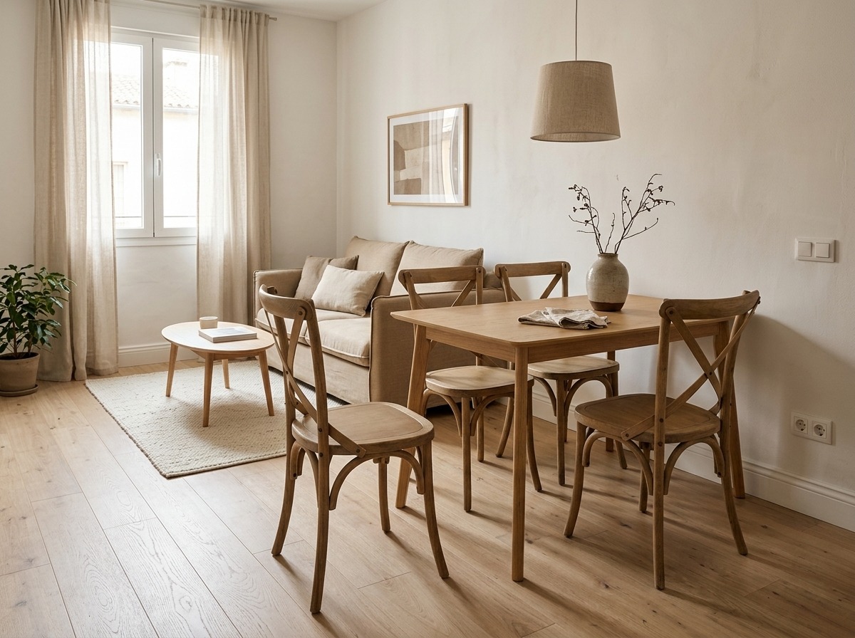 Ideas para decorar un salón cuadrado Salón cuadrado con sofá chaise longue, mueble TV de madera, librería y distribución equilibrada en estilo contemporáneo.