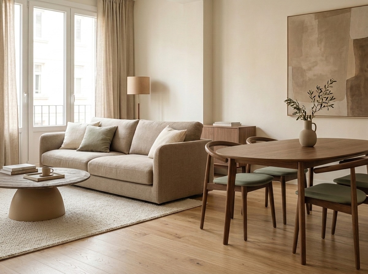 Cómo decorar un salón grande Salón grande con diferentes zonas de estar y comedor, sofá en L, muebles de madera y decoración cálida y luminosa.