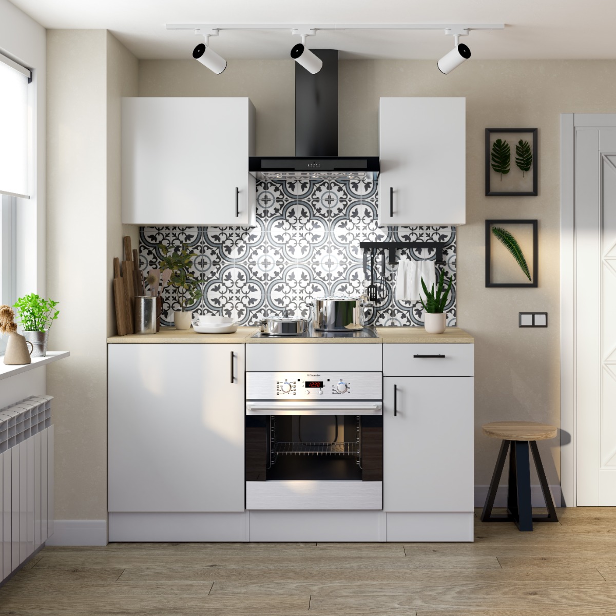 Cocina blanca con azulejos decorativos y electrodomésticos integrados en estilo contemporáneo Cocina blanca moderna con salpicadero de azulejos decorativos en blanco y negro, horno integrado y campana extractora