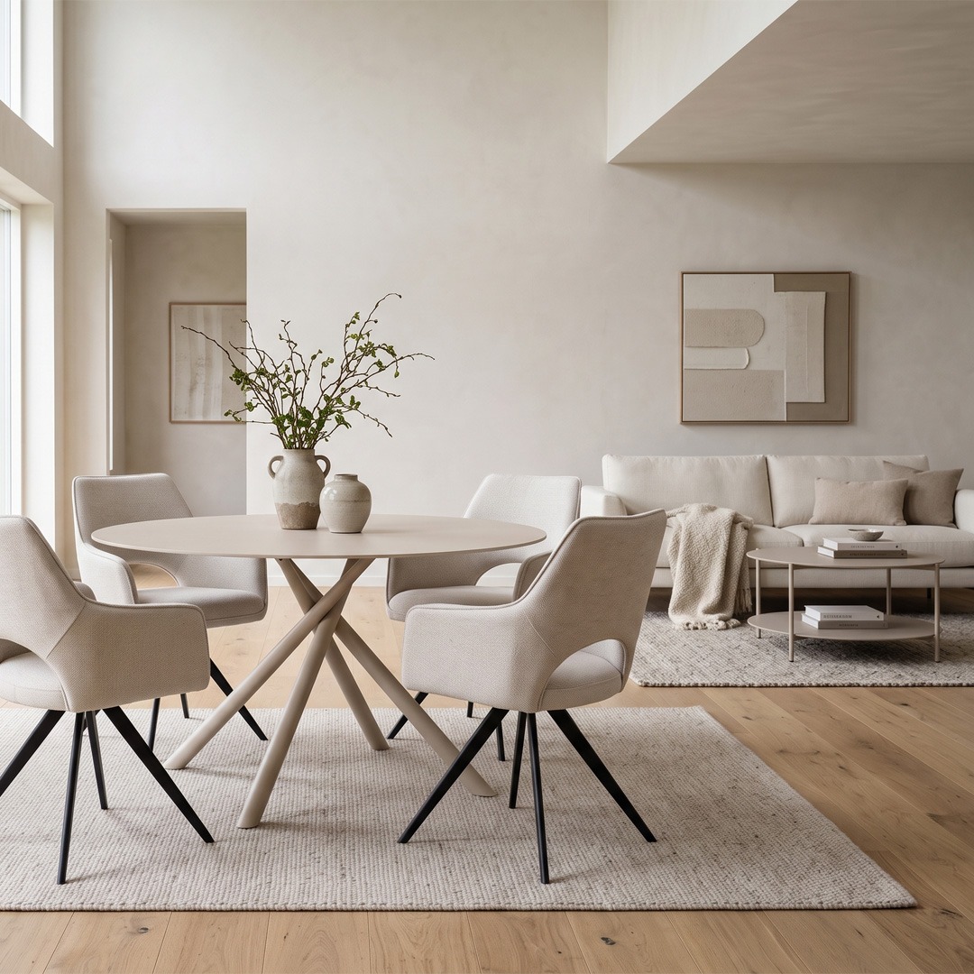 Comedor moderno con mesa redonda y sillas tapizadas Comedor moderno con mesa redonda, cuatro sillas tapizadas y decoración minimalista en colores claros.