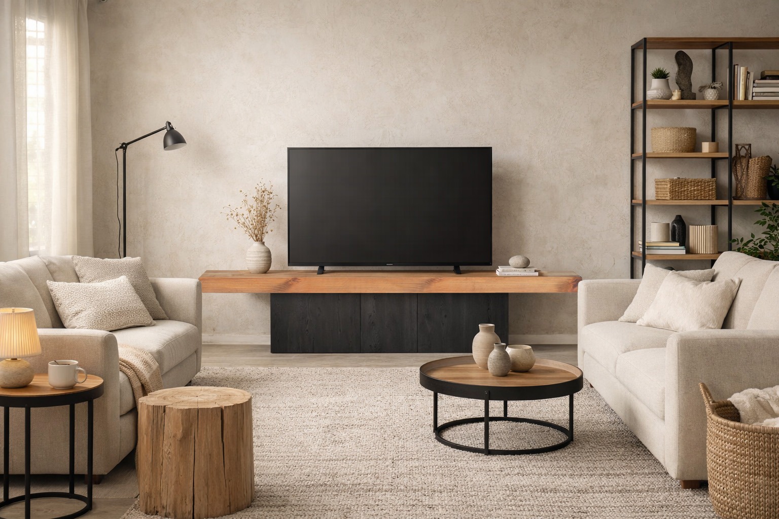 Mueble de TV de madera maciza en salón estilo industrial suave con decoración neutra. Salón de estilo industrial suave con mueble de TV de madera maciza y base negra, acompañado de sofás beige, mesa de centro redonda y estantería metálica con decoración en tonos neutros.