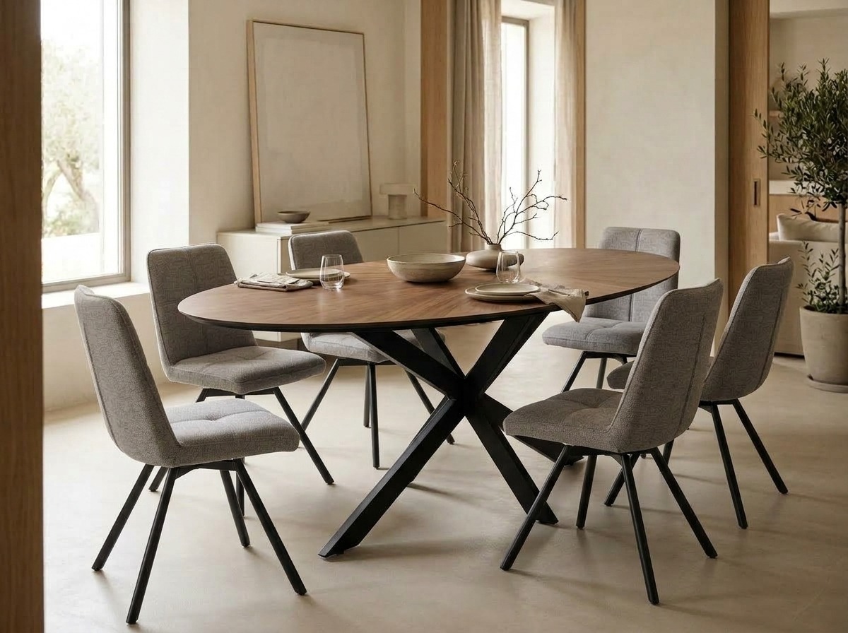 Mesa de comedor ovalada de madera para seis comensales Mesa de comedor ovalada de madera con patas metálicas negras