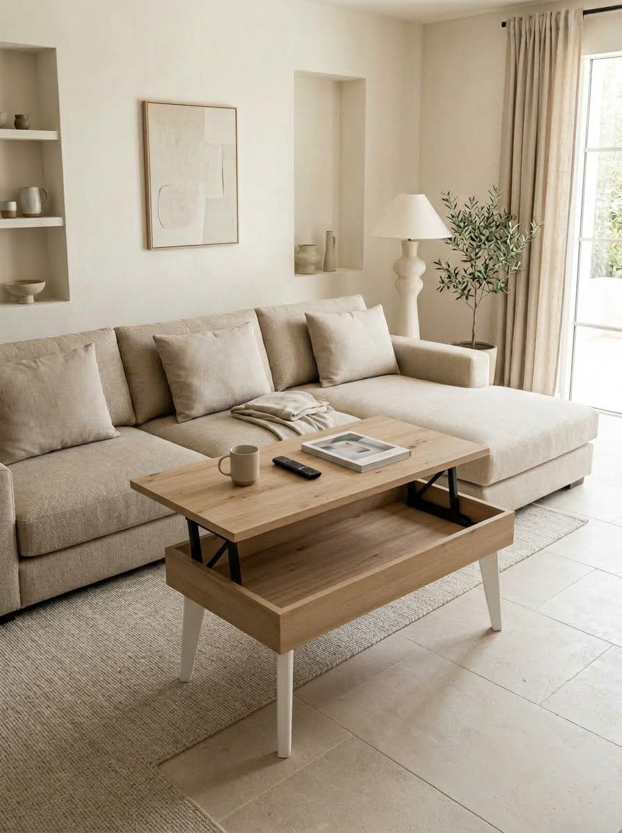 Mesa de centro elevable para un salón funcional Mesa de centro elevable de madera frente a sofá chaise longue