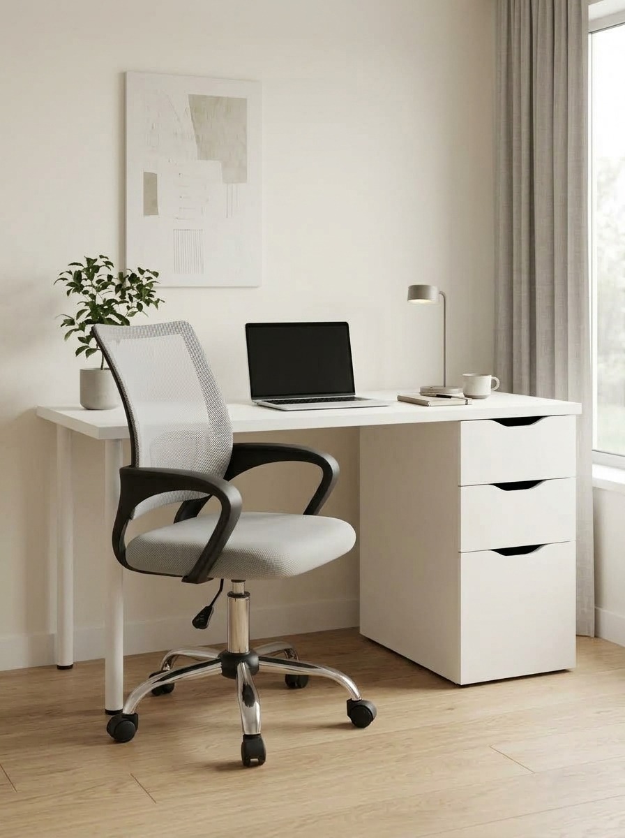 Mesa de escritorio para estudiar o trabajar en casa Mesa de escritorio blanca con cajones y silla de oficina