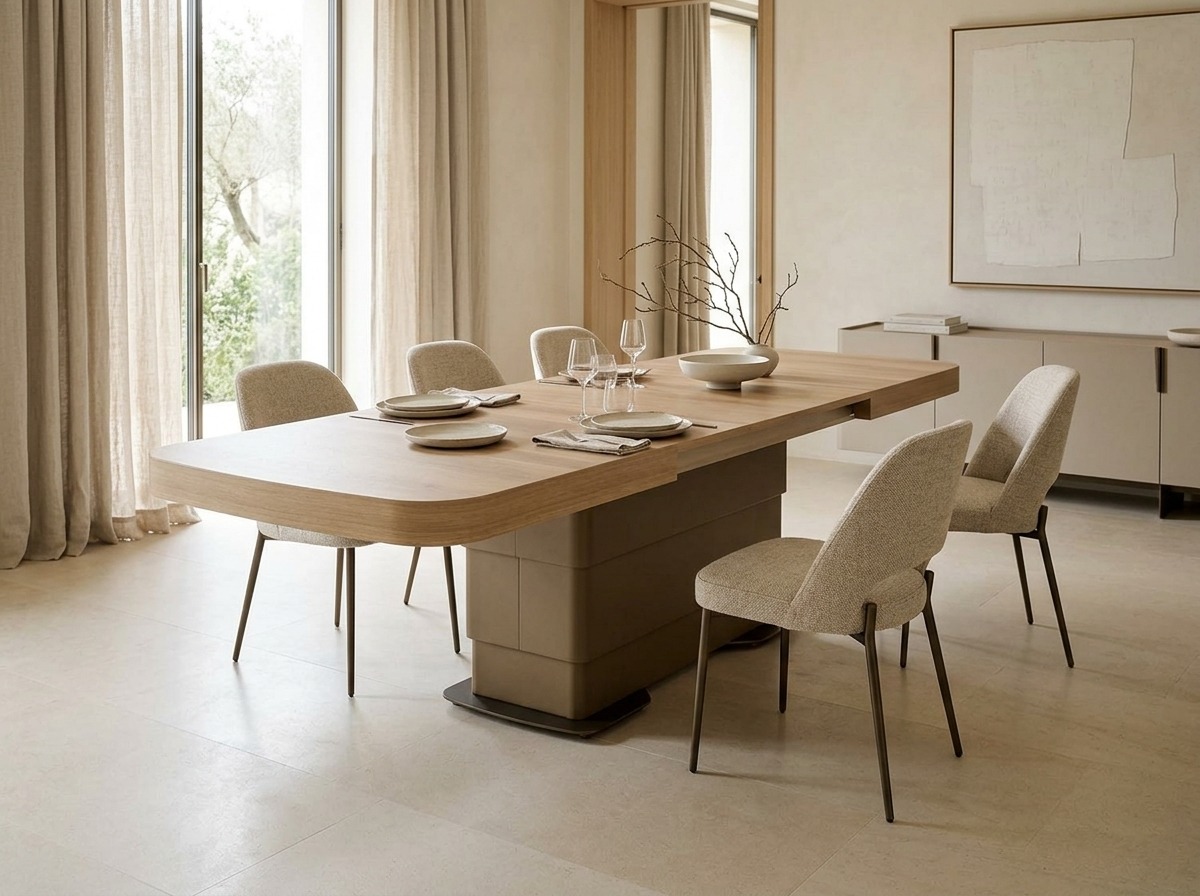 Mesa extensible y elevable para adaptar el comedor Mesa de comedor extensible y elevable de madera con sillas tapizadas