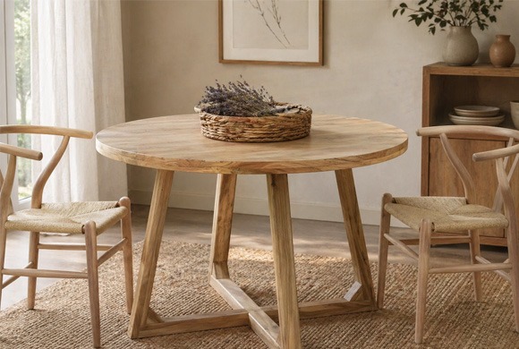 Mesa redonda de madera estilo nórdico con decoración natural Mesa de comedor redonda de madera clara con decoración natural y sillas de estilo nórdico
