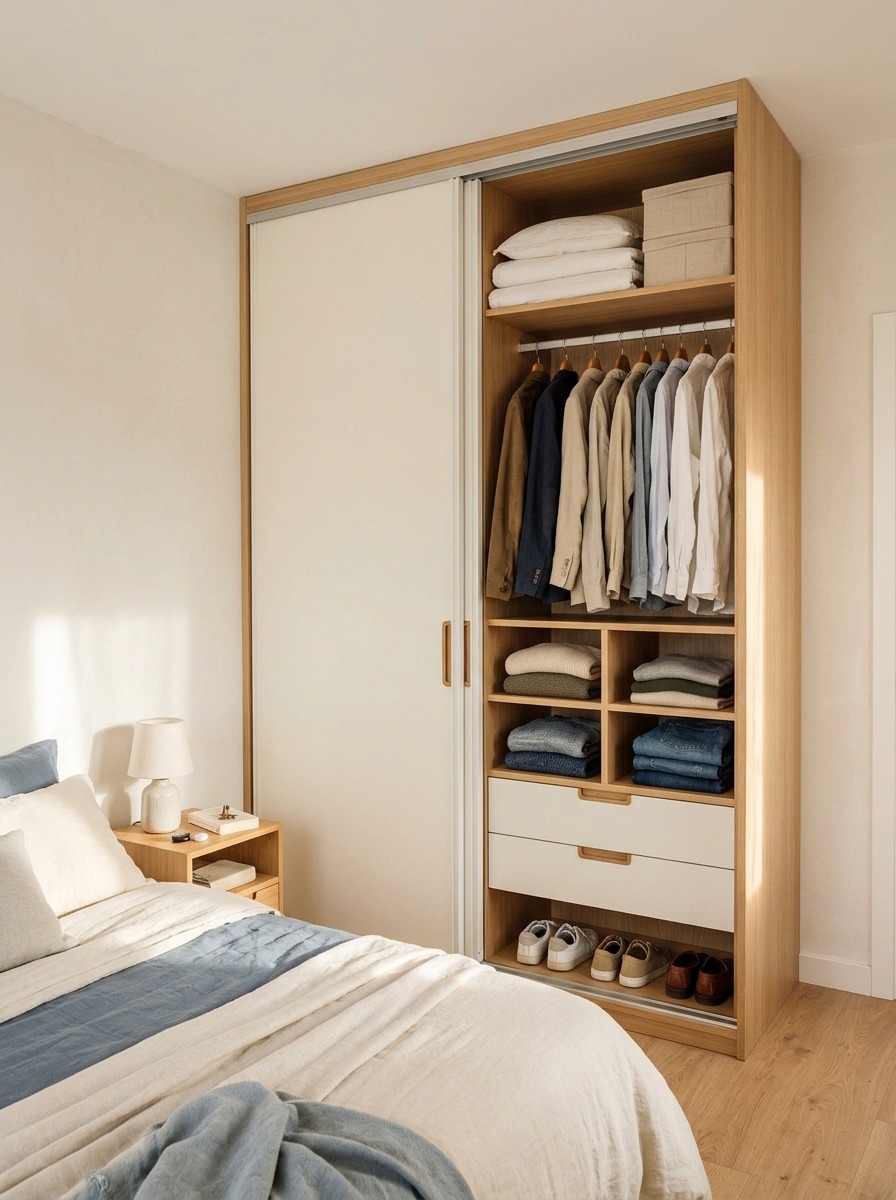 Organizar el armario de un dormitorio pequeño Armario de puertas correderas parcialmente abierto con ropa colgada, prendas dobladas, cajones y espacio para zapatos.