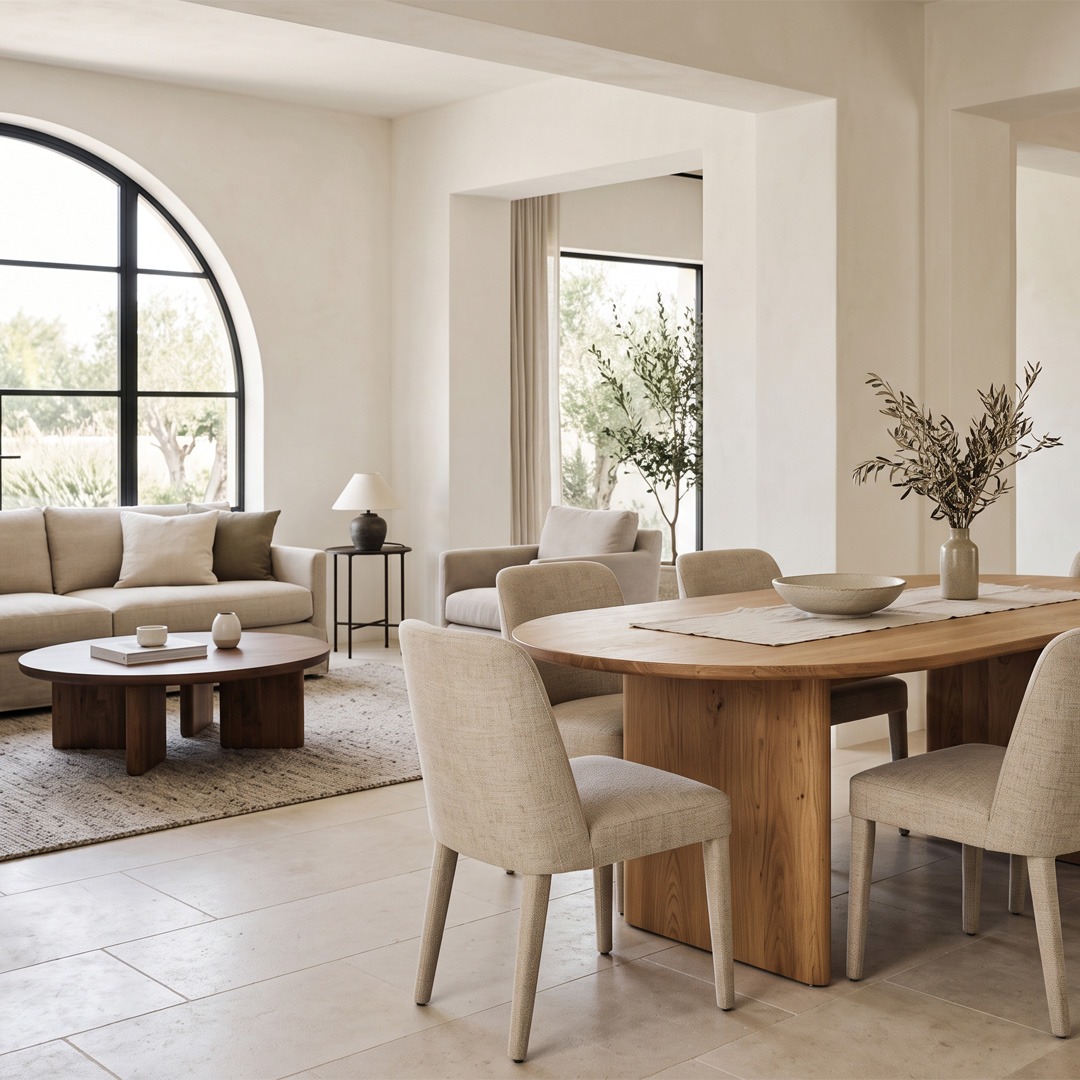 Mesa de madera para un comedor cálido y funcional Mesa de comedor de madera con sillas tapizadas en tonos neutros