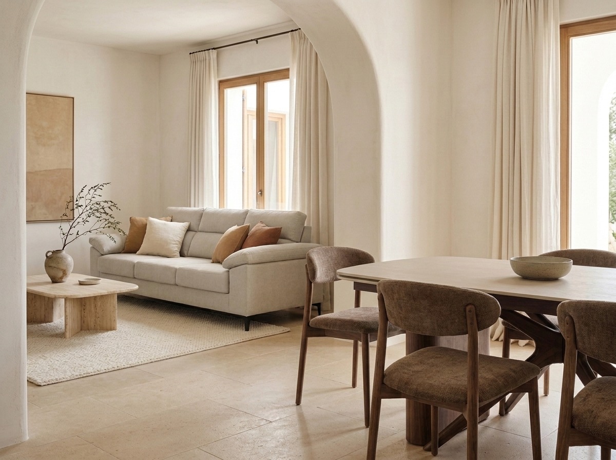 Metales como elemento decorativo Salón contemporáneo con sofá beige, sillones tapizados y detalles metálicos que aportan sofisticación al espacio.