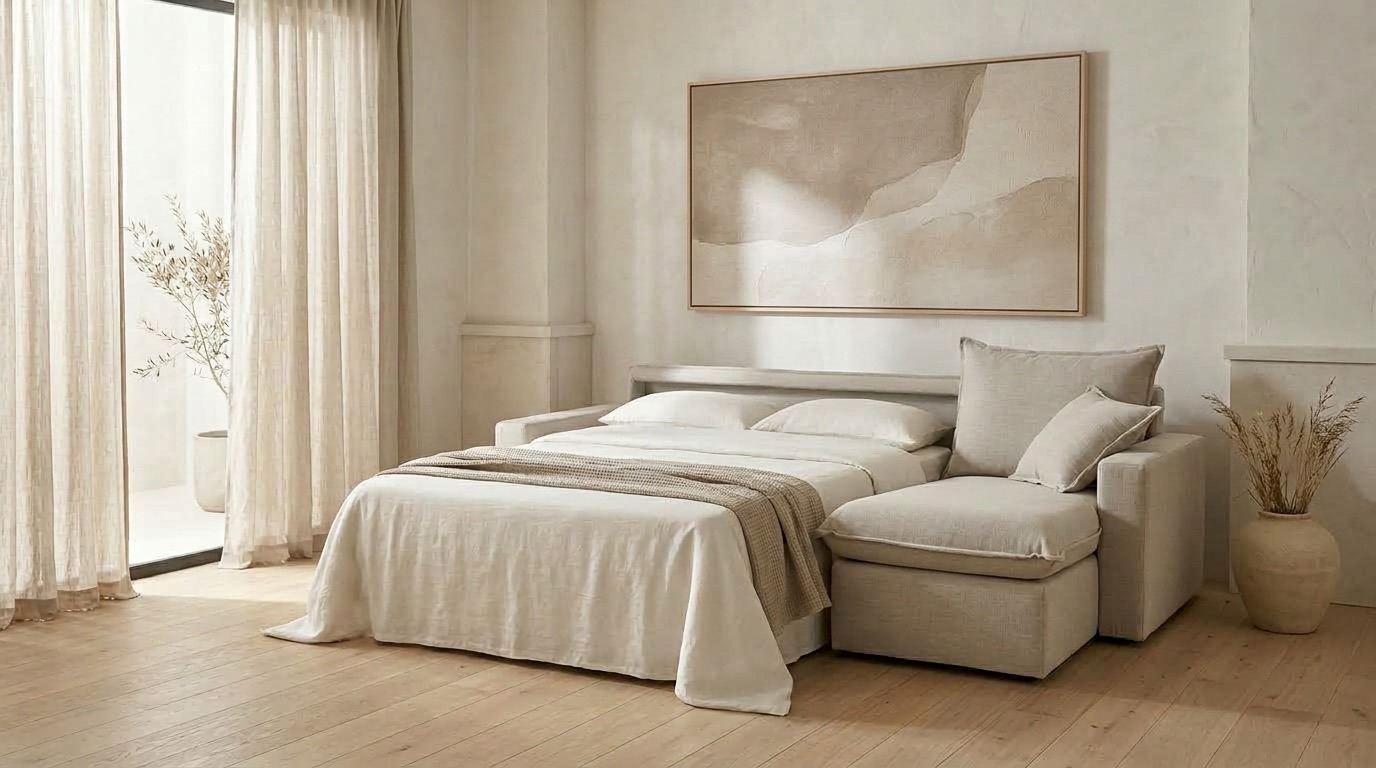 Tipos de sofá cama y cómo elegir el más adecuado Sofá cama con chaise longue abierto como cama de matrimonio en un salón moderno