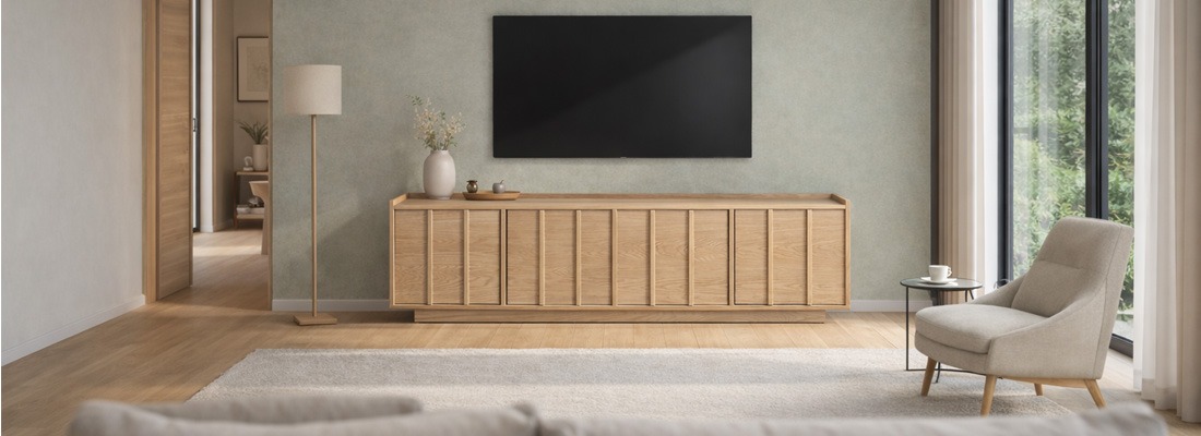 Salón escandinavo con mueble de TV de roble claro y televisor montado en pared. Salón de estilo escandinavo con mueble de TV de madera de roble claro con puertas de listones verticales, situado bajo un televisor de pantalla plana montado en la pared, con pared verde texturizada, gran ventanal con luz natural y decoración minimalista.