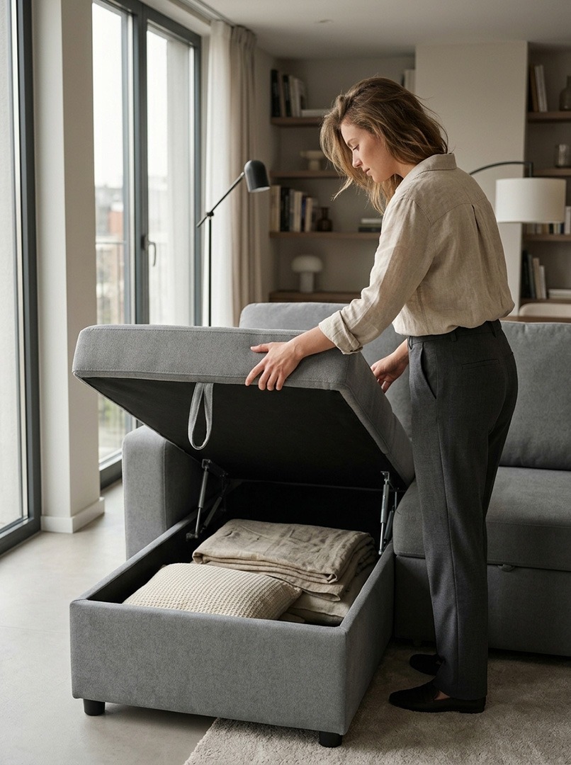 Almacenaje integrado en sofá cama Mujer abriendo el arcón de almacenaje de un sofá cama con chaise longue