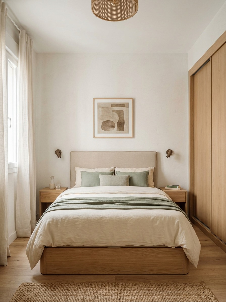 Cómo amueblar una habitación pequeña Dormitorio pequeño con cama doble, cabecero beige, mesillas compactas y armario de puertas correderas en acabado madera.