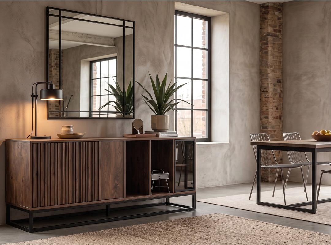 Salón de estilo nórdico industrial con muebles de madera y metal Salón de estilo nórdico industrial con aparador, vitrina de madera, detalles metálicos y decoración contemporánea.