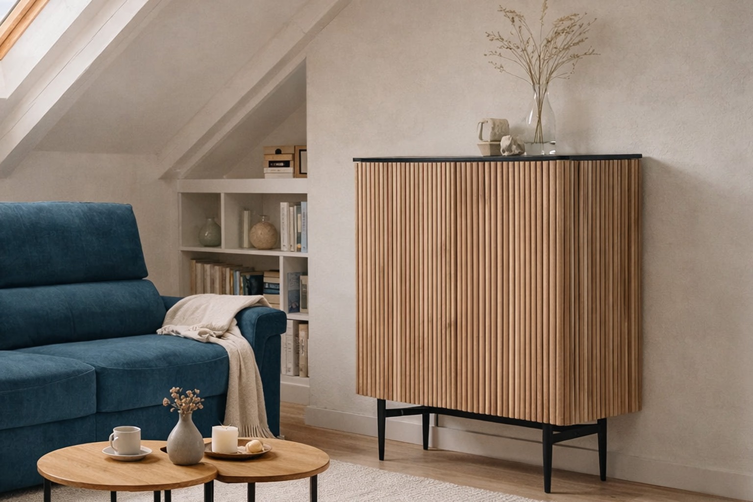 Mueble de TV Retro Mid-Century en salón decorado con televisor de pared. Mueble de TV estilo retro Mid-Century con sobre de madera nogal, puertas claras y patas metálicas, colocado en un salón decorado con televisor colgado en la pared y accesorios decorativos de estilo vintage.