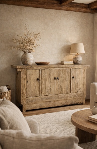 Aparador de madera rústico en un salón acogedor con decoración natural. Aparador de madera rústica en un salón acogedor con tonos neutros, pared de yeso texturizada, jarrón de cerámica con ramas secas, lámpara de mesa y decoración natural.