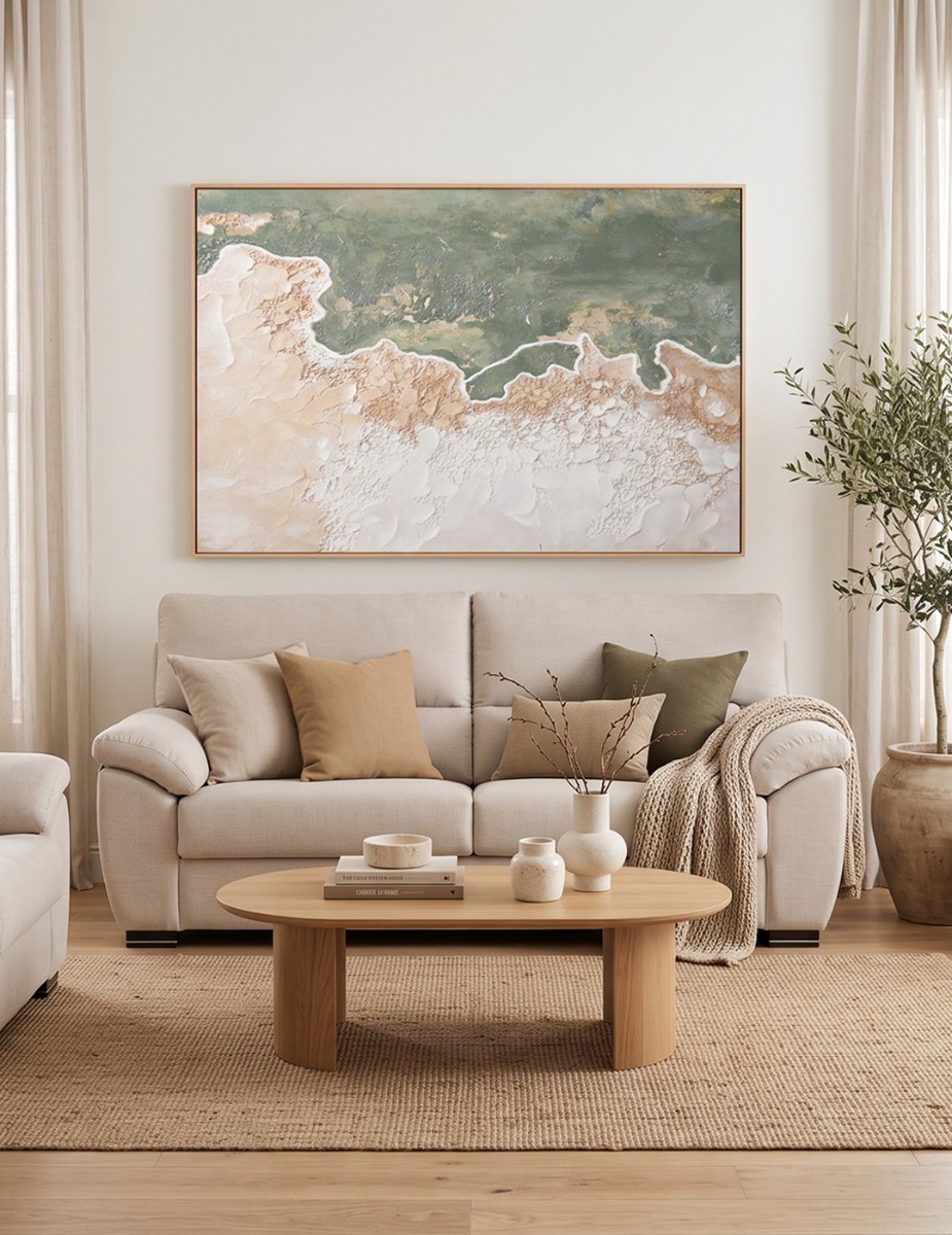 Salón acogedor con sofá beige y cuadro decorativo Salón luminoso con sofá beige de tres plazas, mesa de centro de madera y cuadro decorativo de gran formato.