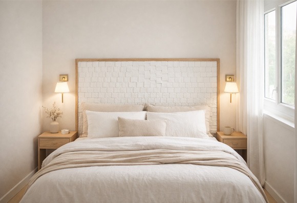 Dormitorio en tonos claros con cabecero de madera y estilo minimalista acogedor Dormitorio luminoso con cama doble, cabecero de madera con panel trenzado y mesitas con lámparas