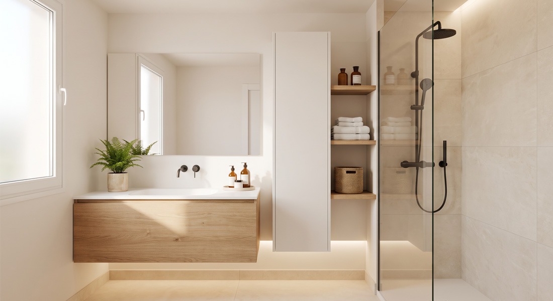 Ideas para decorar y aprovechar un baño pequeño Baño pequeño moderno con mueble de madera suspendido, armario de almacenaje y ducha con mampara de cristal que maximiza el espacio.