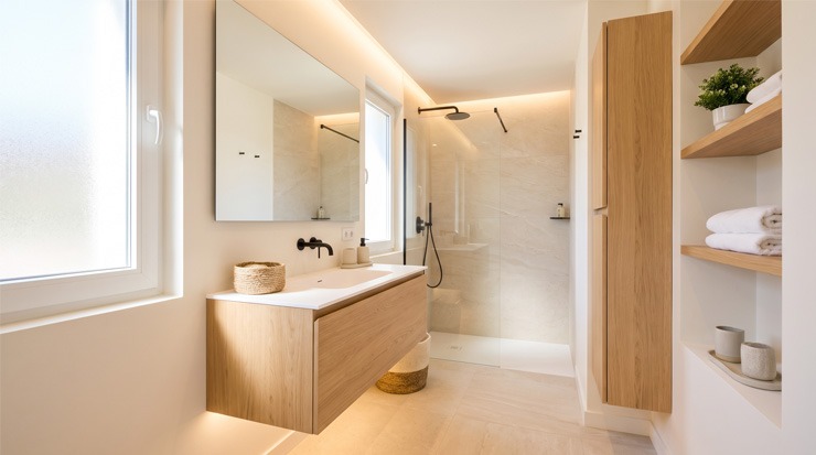 Espejo grande para ampliar visualmente un baño pequeño Baño pequeño con espejo de gran formato, mueble suspendido de madera y ducha al fondo que aumenta la luminosidad y la profundidad visual.